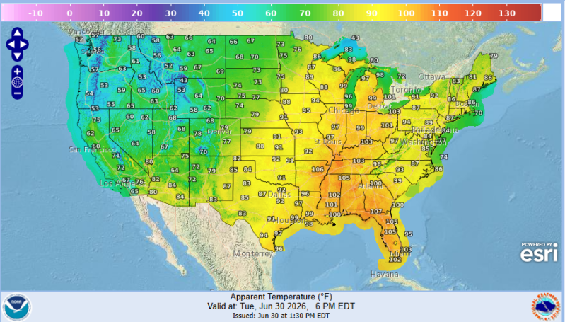 Map of the US with blues and green at top left and yellows and oranges at the bottom right.