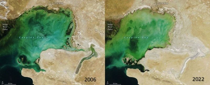 Side-by-side satellite images of a lake that loses extent around the edges on the right.