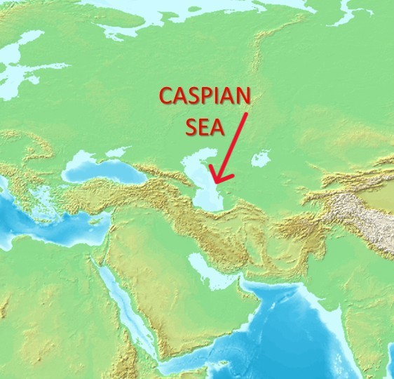 Map showing where Europe and Asia meet with an arrow pointing to a sea that stretches north-south.