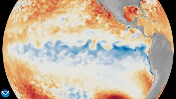 Pacific Ocean with a large streak along the equator changing from blue to red.