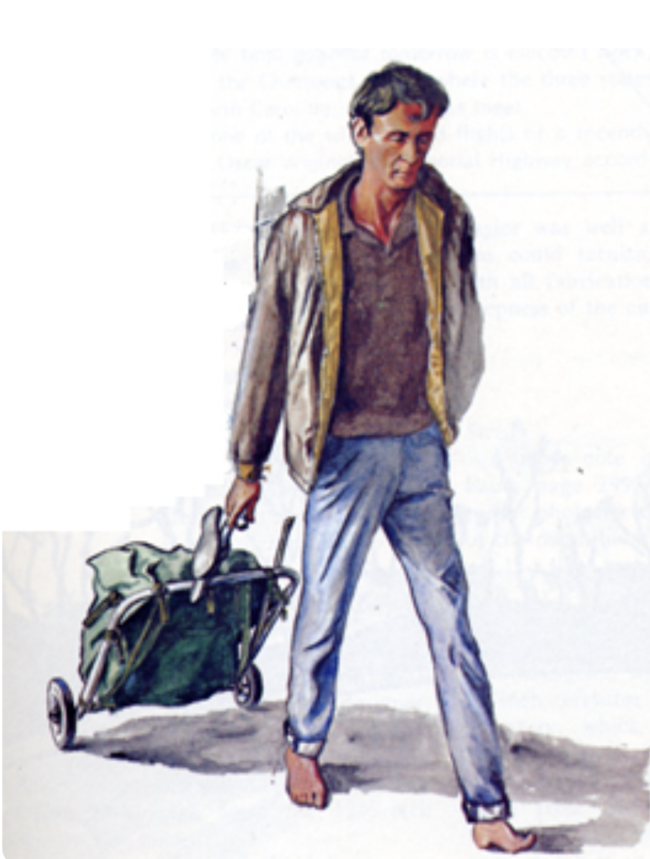 Painting of a tall, slender barefoot man in jeans and jacket striding along, pulling a bag with wheels.