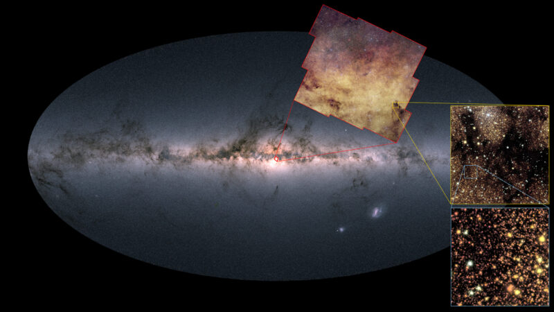 Wide view of the plane of the Milky Way with insets showing location of the new image.