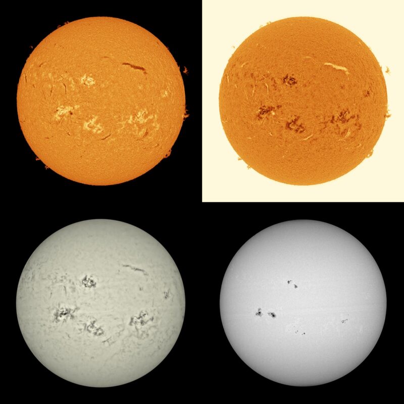 The sun, seen as four spheres in different bright colors.