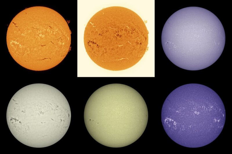 The sun, seen as six spheres in different bright colors.