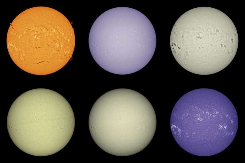 The sun, seen as six spheres in different bright colors.