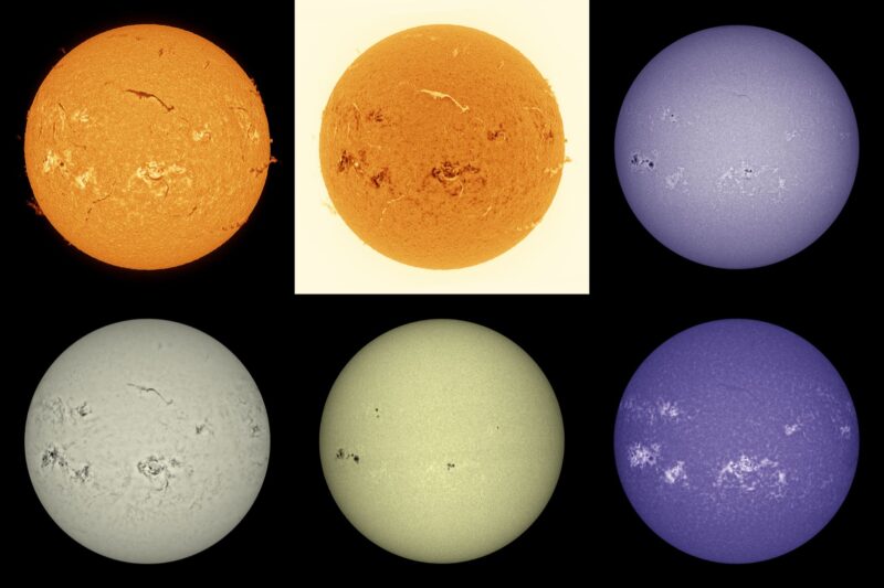 The sun, seen as six spheres in different bright colors.