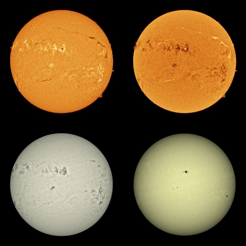 The sun, seen as four spheres in different bright colors.