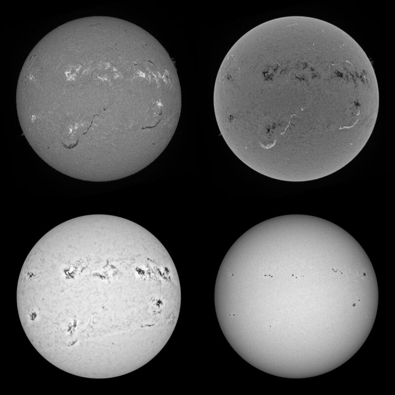 The sun, seen as four spheres in different shades of gray.