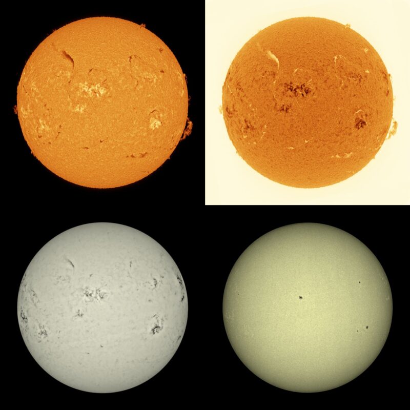The sun, seen as four spheres in different bright colors.