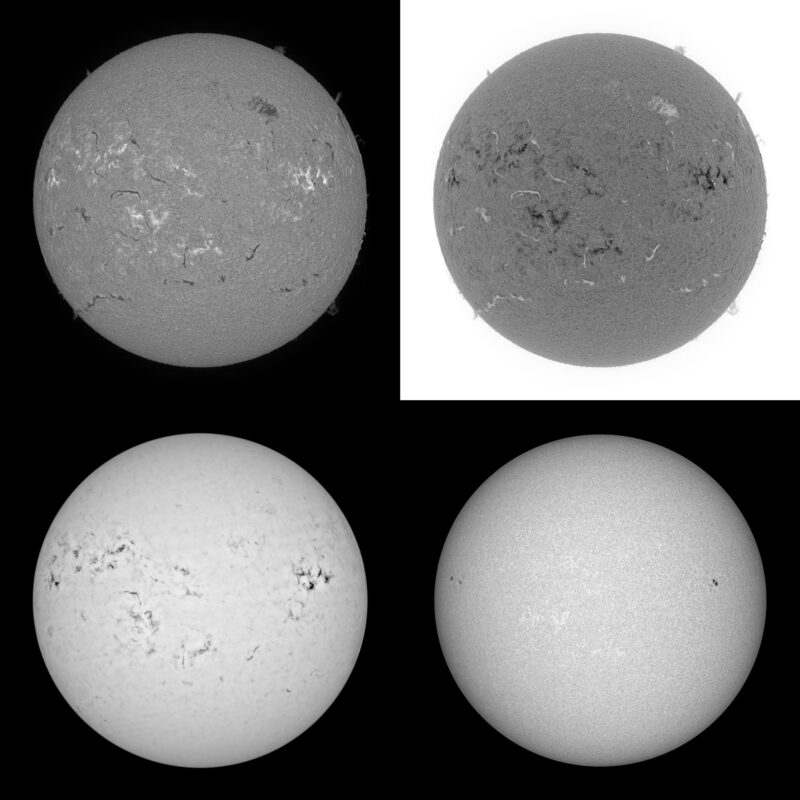 The sun, seen as four spheres in different shades of gray.