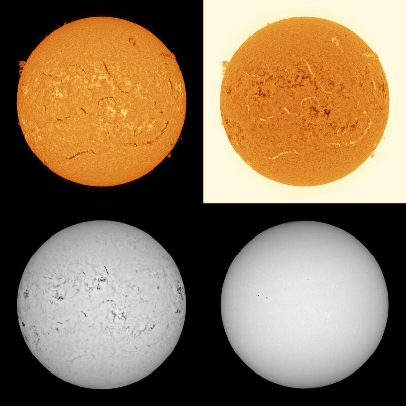 The sun, seen as four spheres in different bright colors.