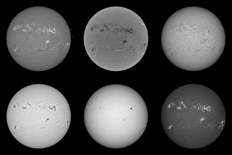 The sun, seen as six spheres in different shades of gray.