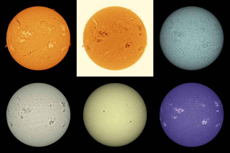The sun, seen as six spheres in different bright colors.