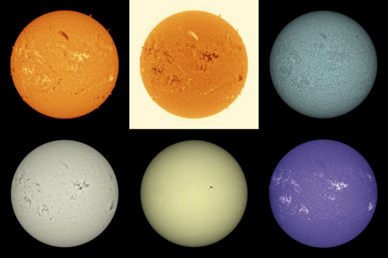 The sun, seen as six spheres in different bright colors.