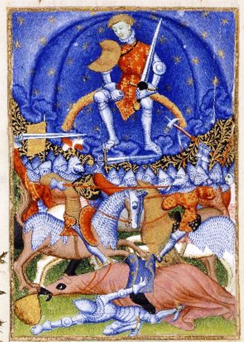 Artwork of a man in armor floating above a battlefield.