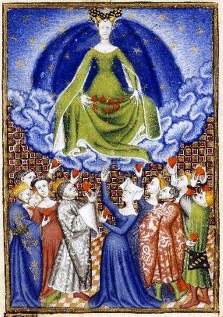 Colorful painting of a woman floating above a bunch of other women pointing up at her.