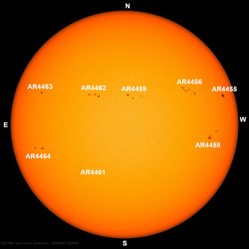 The sun, seen as a large yellow sphere with dark spots, each labeled.
