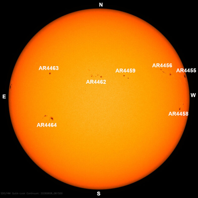 The sun, seen as a large yellow sphere with dark spots, each labeled.