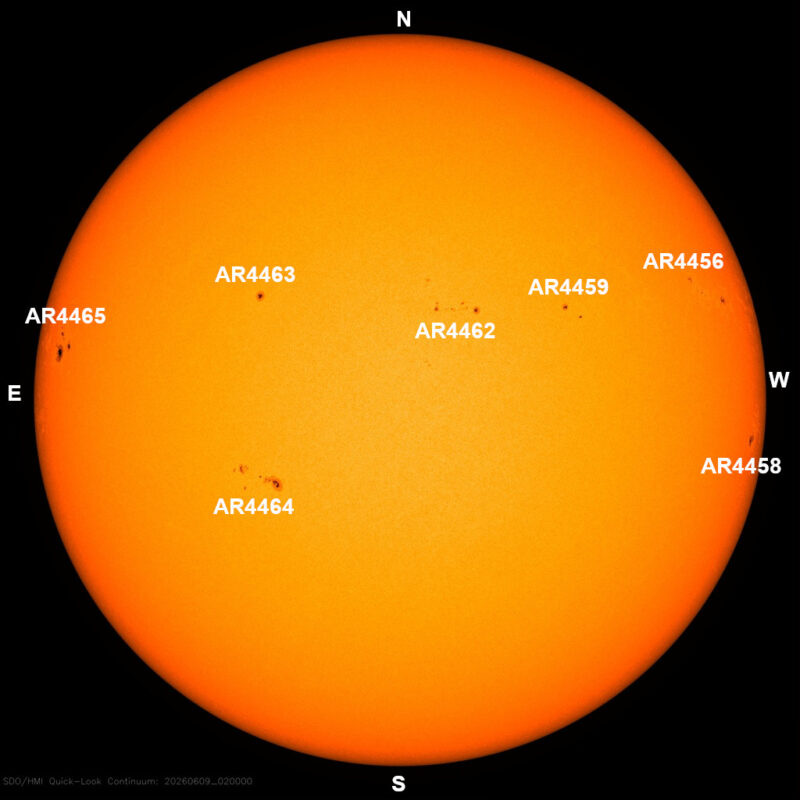 The sun, seen as a large yellow sphere with dark spots, each labeled.