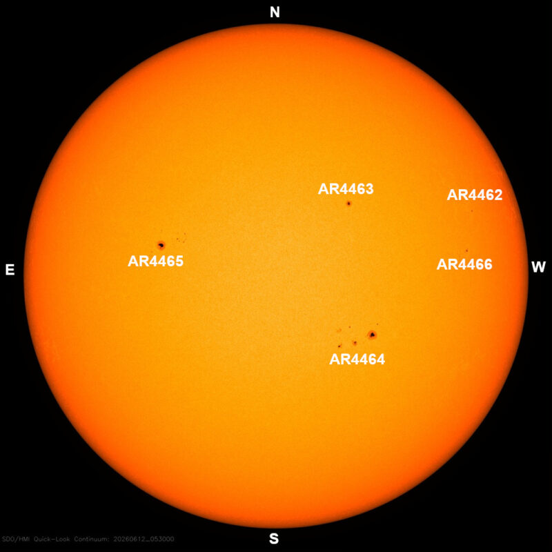 The sun, seen as a large yellow sphere with dark spots, each labeled.