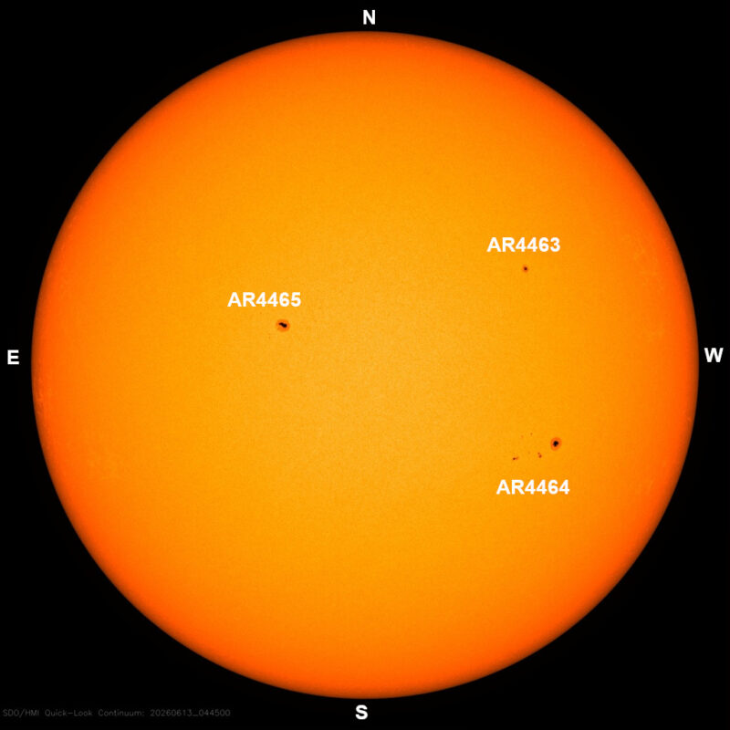 The sun, seen as a large yellow sphere with dark spots, each labeled.