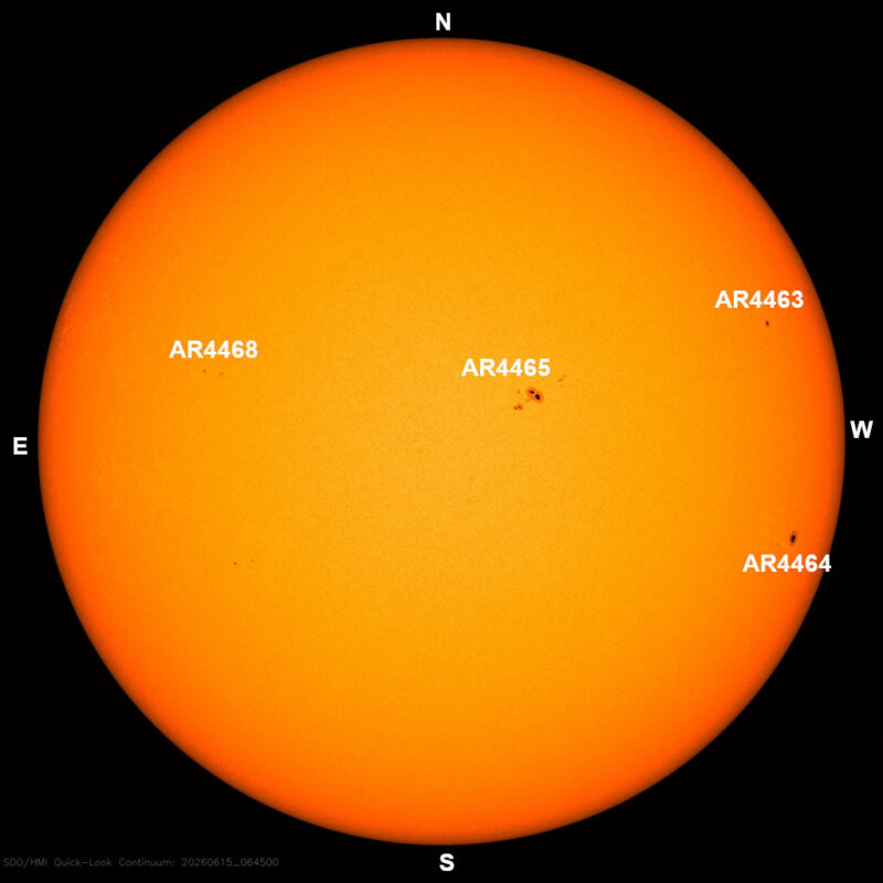 The sun, seen as a large yellow sphere with dark spots, each labeled.