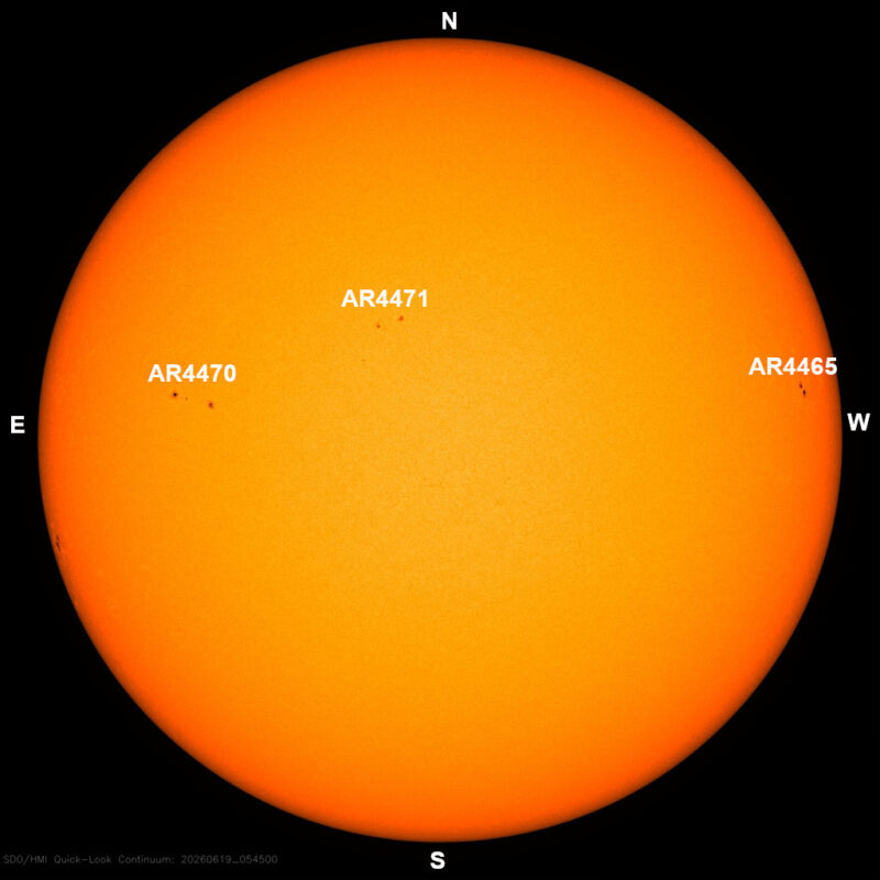 The sun, seen as a large yellow sphere with dark spots, each labeled.