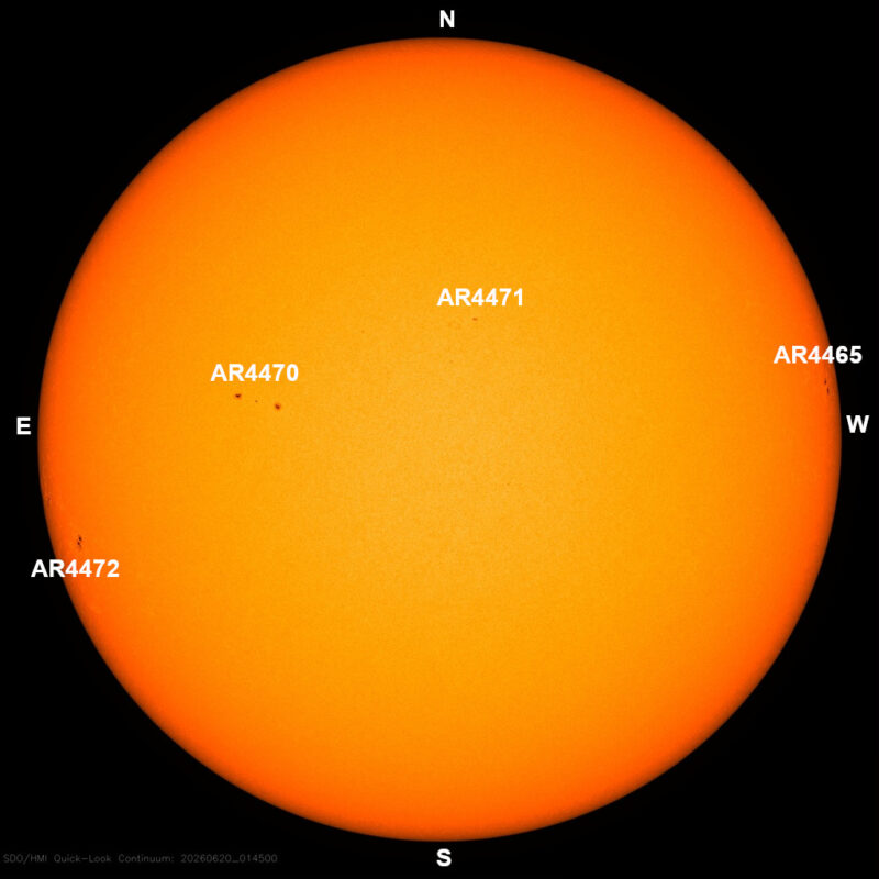 The sun, seen as a large yellow sphere with dark spots, each labeled.