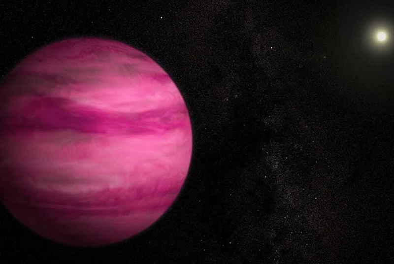 Large pinkish planet with banded clouds. Its yellowish sun is in the distance.
