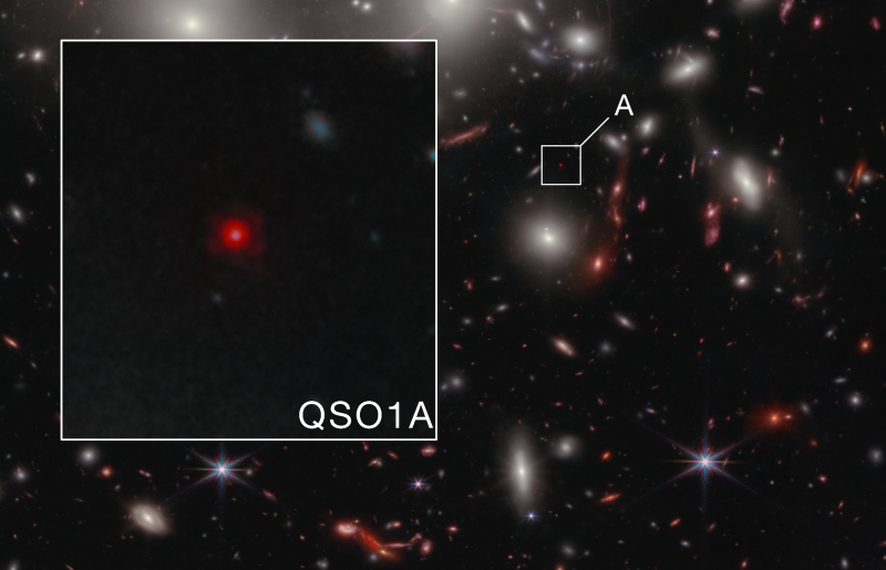 Busy deep field of many galaxies. Small red dot highlighted in a white box. Blown up in a larger box, revealing a fuzzy red blob, brighter at the center.