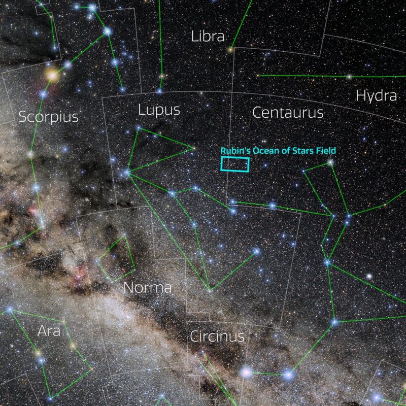 Star map with constellations showing a blue box where the larger starfield image is from.