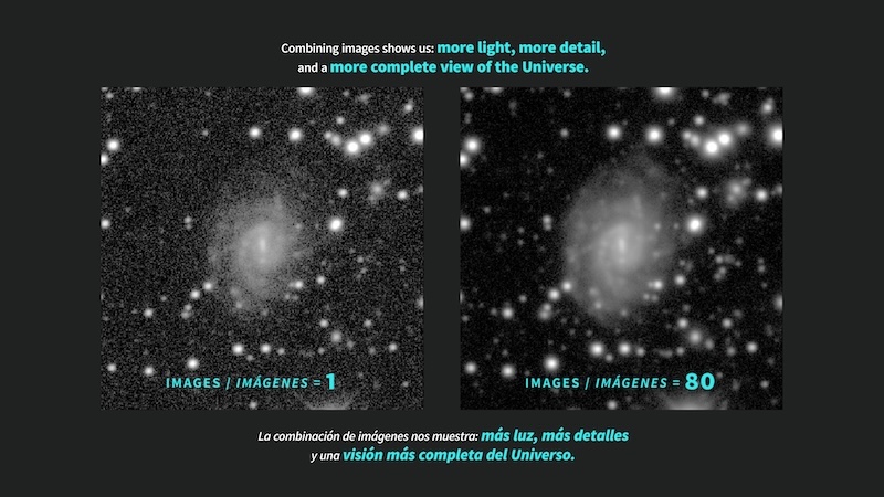 Comparison image showing how much more detail the Rubin Observatory can capture by combining images.