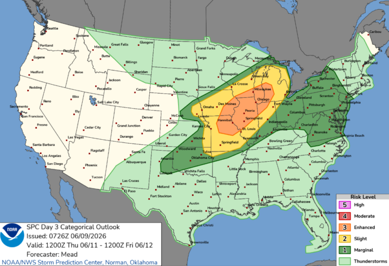 Map of the US with orange and yellow colors in the upper Midwest.