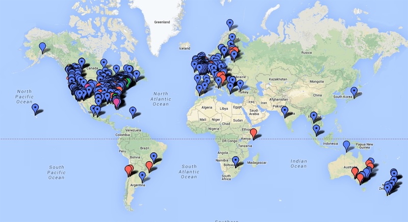 Global map with many locations marked, especially in North America, Europe, Australia and New Zealand.