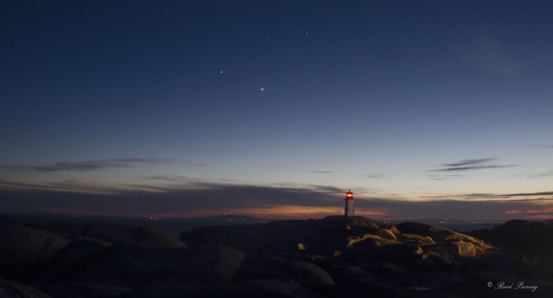2 very bright dots and 2 fainter dots above them. All above a lighthouse.