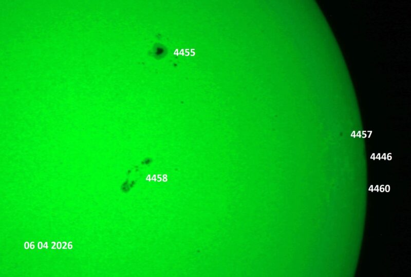 The sun, seen as a green sectional sphere with dark spots, each labeled.