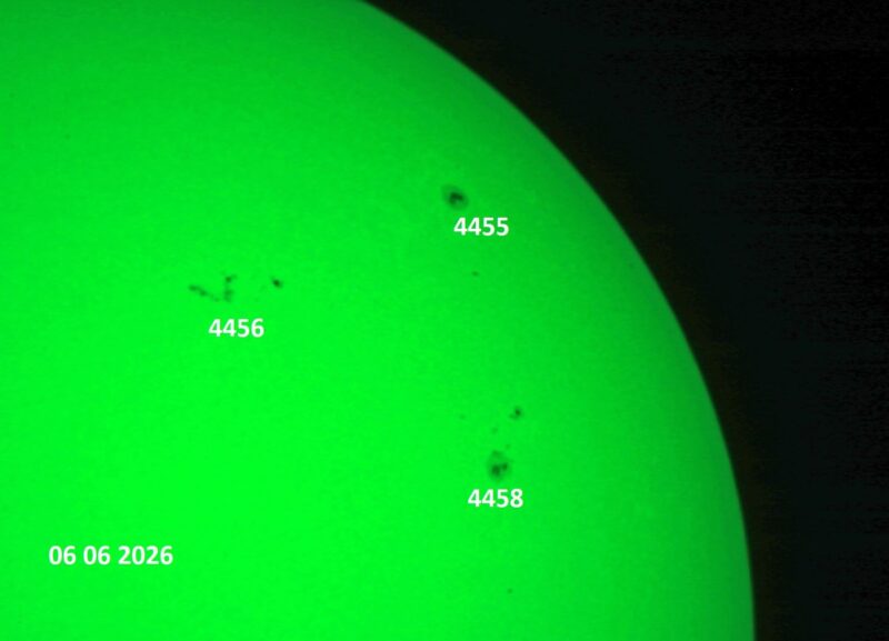 The sun, seen as a green sectional sphere with dark spots, each labeled.