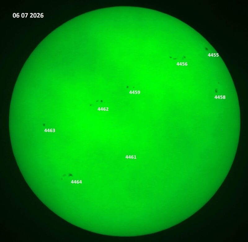 The sun, seen as a green sectional sphere with dark spots, each labeled.