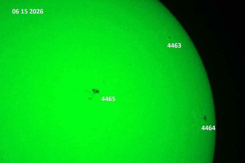 The sun, seen as a green sectional sphere with dark spots, each labeled.