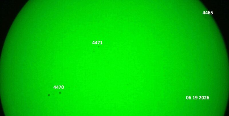 The sun, seen as a green sectional sphere with dark spots, each labeled.