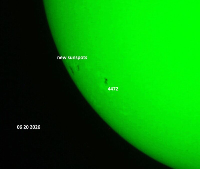 The sun, seen as a green sectional sphere with dark spots, each labeled.