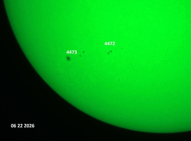 The sun, seen as a green sectional sphere with dark spots, each labeled.