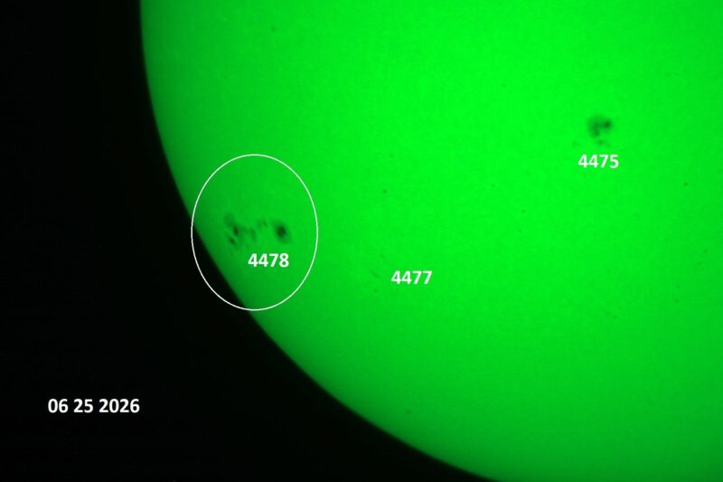 The sun, seen as a green sectional sphere with dark spots, each labeled.