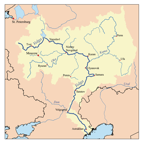 A map of eastern Europe with long river snaking through it.