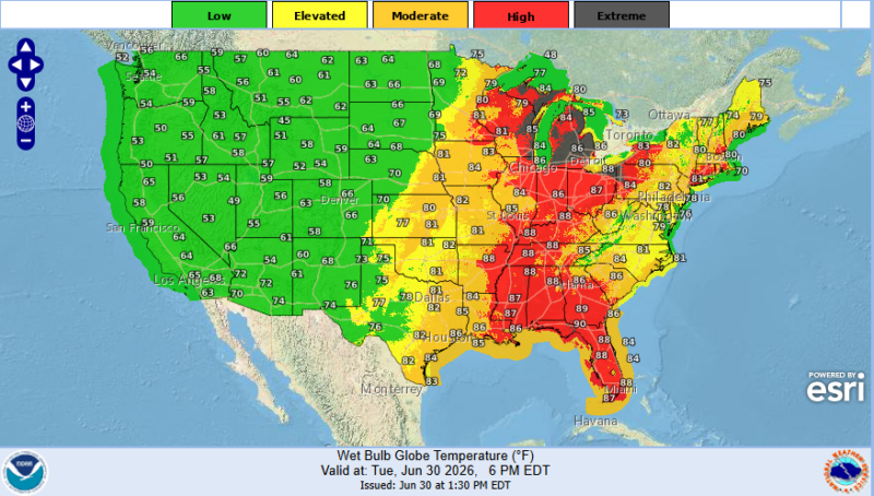 Map of the US with green at left, orange and red at right and black at top right.