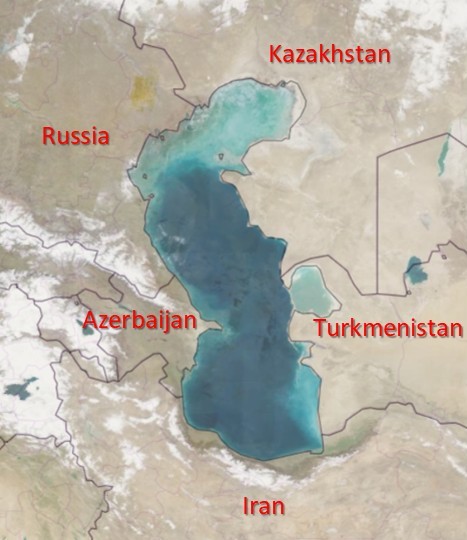 Satellite view of a long north-south lake with 5 labels for the countries surrounding it.