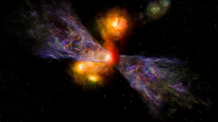 Galaxy-killing wind: Yellowish blobs on black with bluish funnels representing winds.