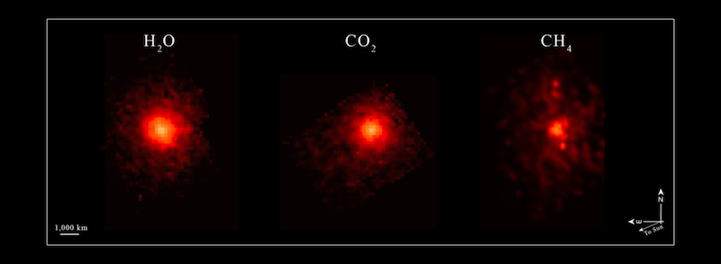 2 orange-red blotches, labled H2O and Co2, and a smaller orange-red blotch labeled CH4.