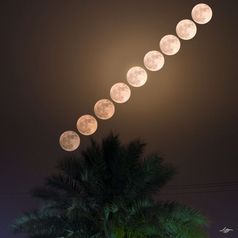 Full moons lined up from lower left to upper right.