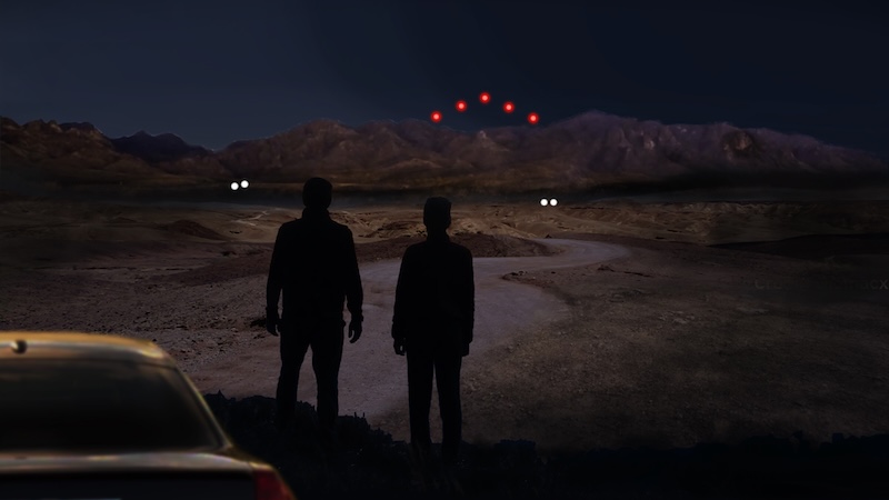 Pentagon UAP files: Painting: 2 men standing on a road looking at 5 red orbs and 4 white dots near barren hills.